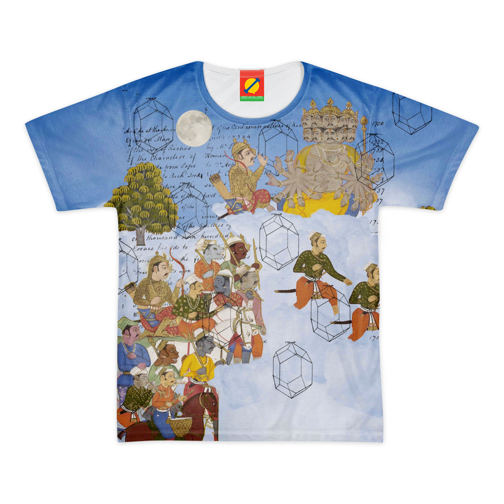 Men's all-over print tee featuring vibrant colors and a classic round neck design, made from 100% cotton for comfort.