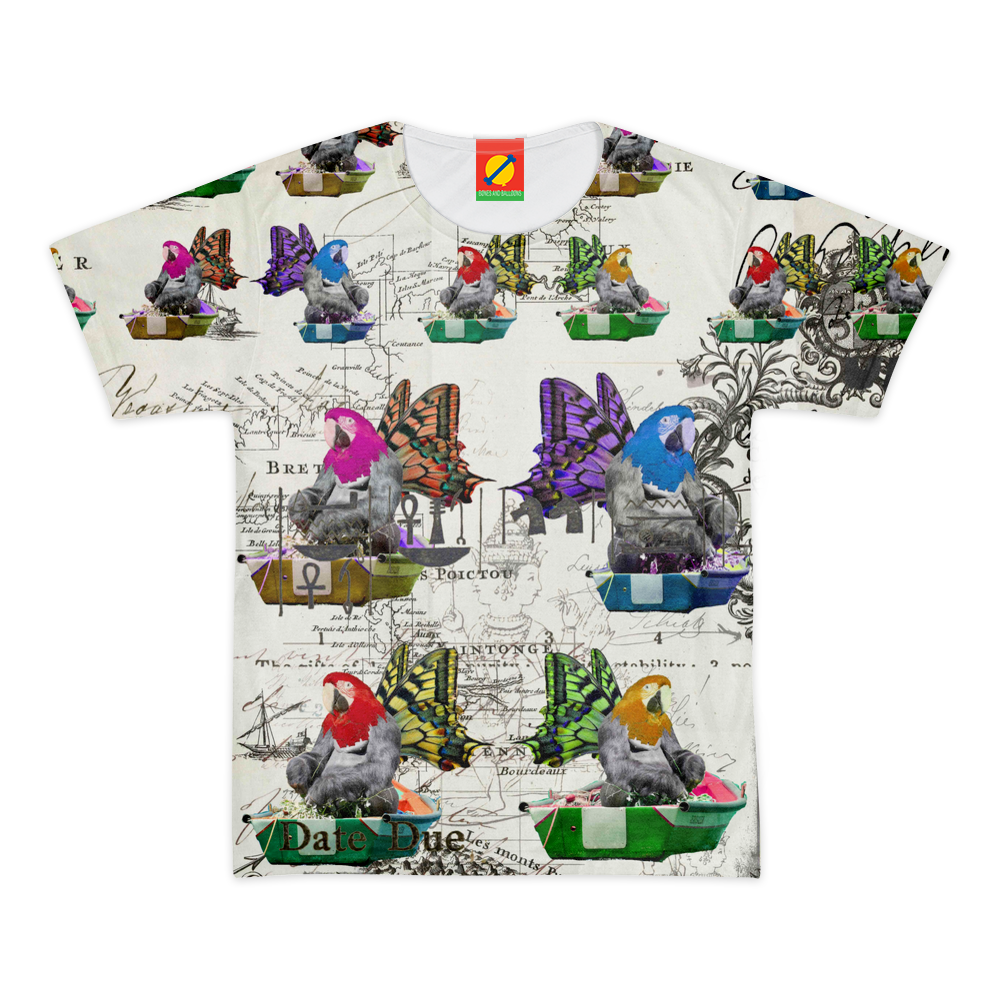 Men's all-over print tee featuring vibrant colors and a classic round neck design, perfect for warm weather outings.