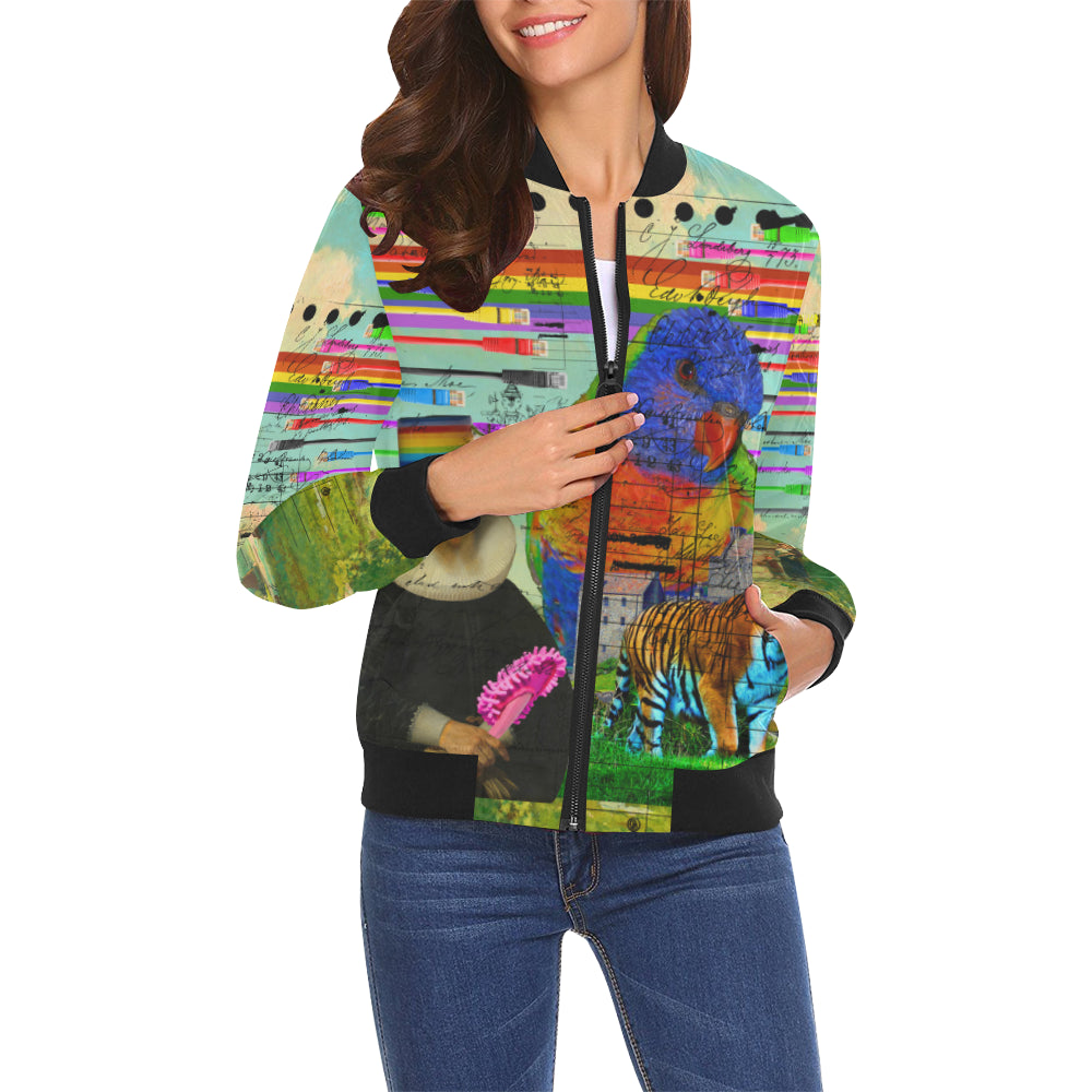 A vibrant women's bomber jacket featuring an all-over parrot print, showcasing a stylish design with a zip front and two pouch pockets.