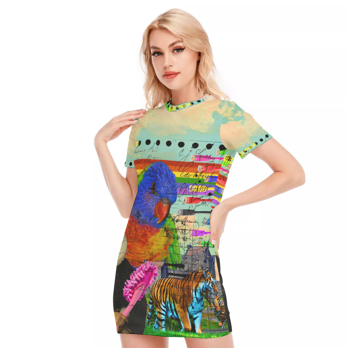 A vibrant women's short sleeve tee dress featuring an all-over parrot print, made from 100% cotton, perfect for summer wear.