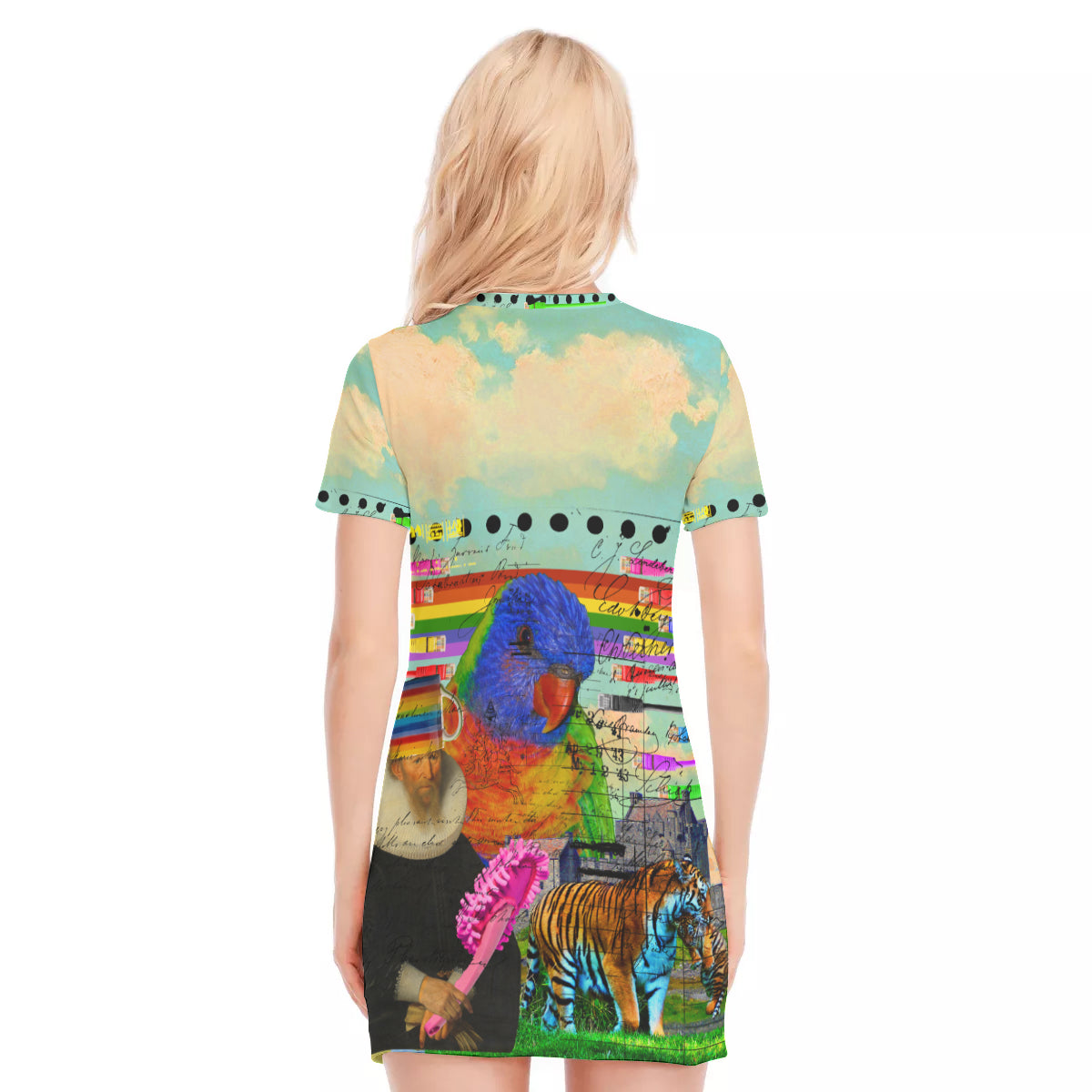A vibrant women's short sleeve tee dress featuring an all-over parrot print, made from 100% cotton, perfect for summer wear.