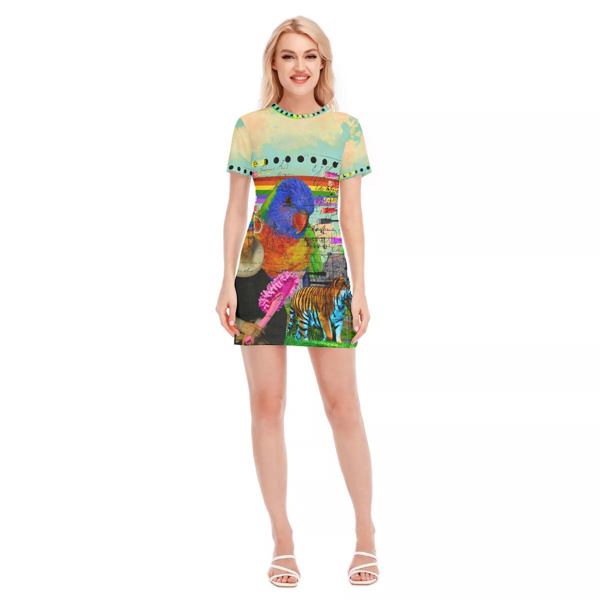 A vibrant women's short sleeve tee dress featuring an all-over parrot print, made from 100% cotton, perfect for summer wear.