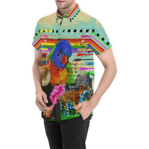 THE BIG PARROT Men's All Over Print Short Sleeve Button Down Shirt showcasing vibrant colors and stylish design.
