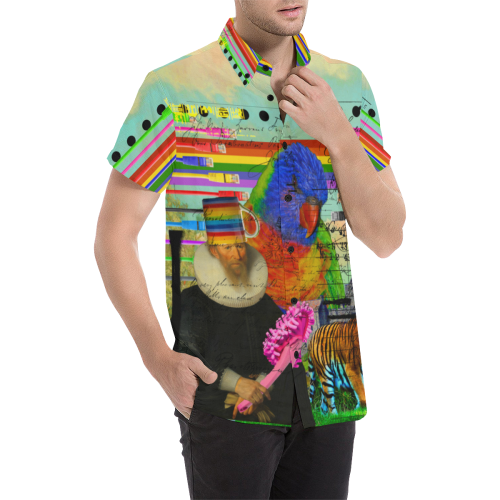 THE BIG PARROT Men's All Over Print Short Sleeve Button Down Shirt showcasing vibrant colors and stylish design.