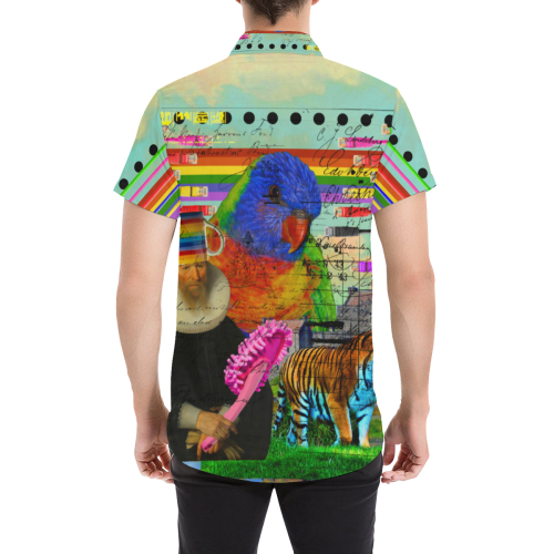 THE BIG PARROT Men's All Over Print Short Sleeve Button Down Shirt showcasing vibrant colors and stylish design.
