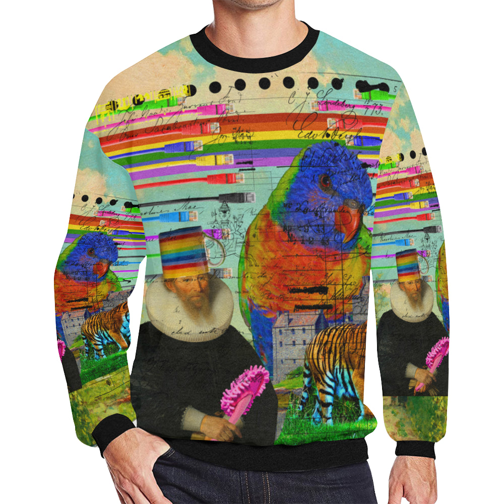 THE BIG PARROT Men's Oversized Fleece Sweatshirt featuring a vibrant collage print, perfect for street fashion.