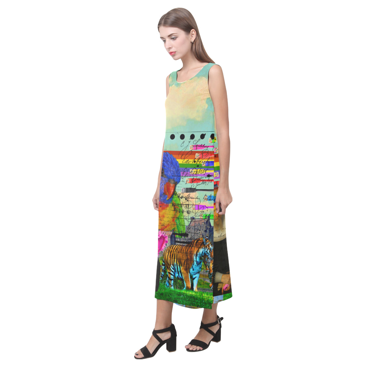 A vibrant sleeveless dress featuring colorful parrot designs, made from soft polyester and spandex blend, perfect for summer wear.