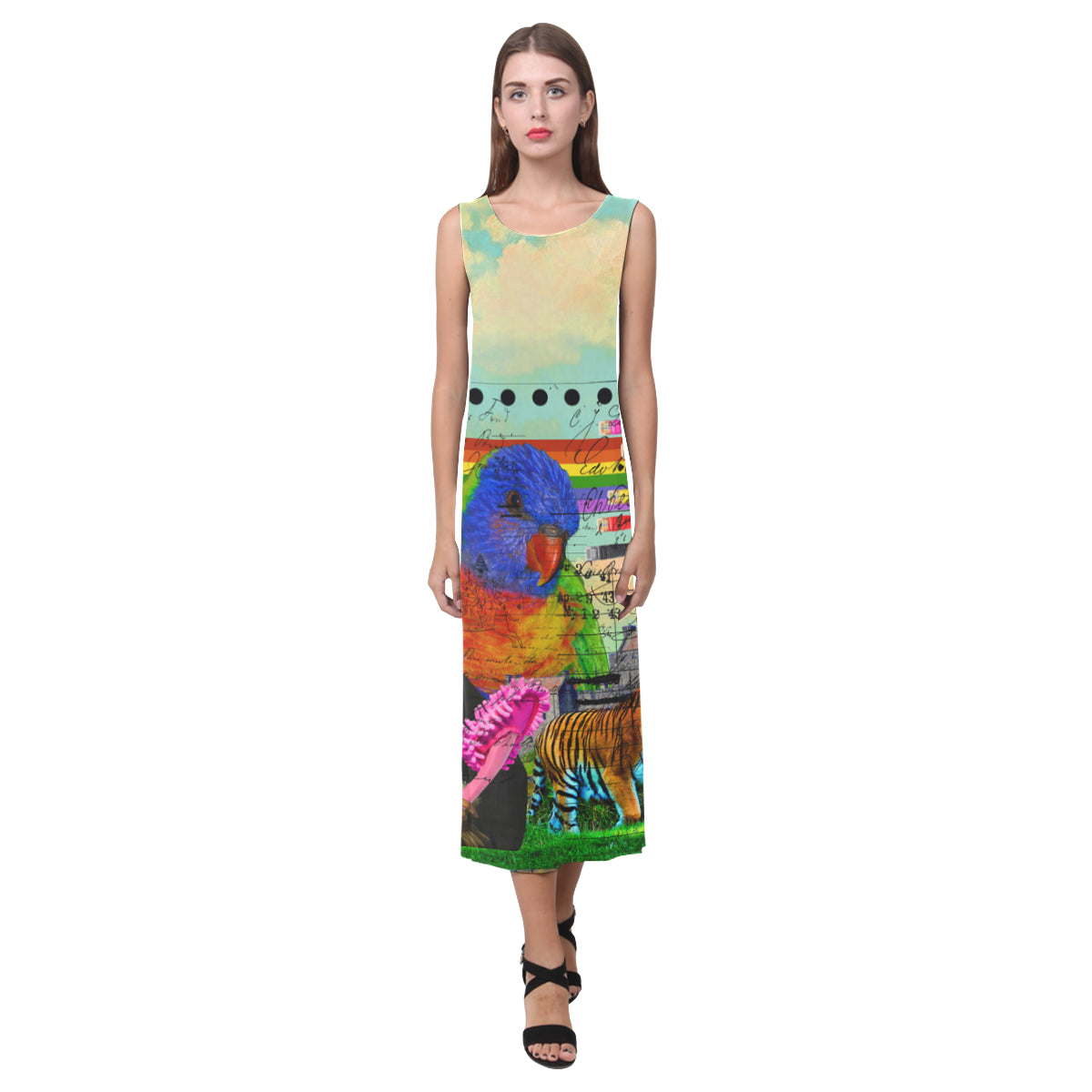 A vibrant sleeveless dress featuring colorful parrot designs, made from soft polyester and spandex blend, perfect for summer wear.
