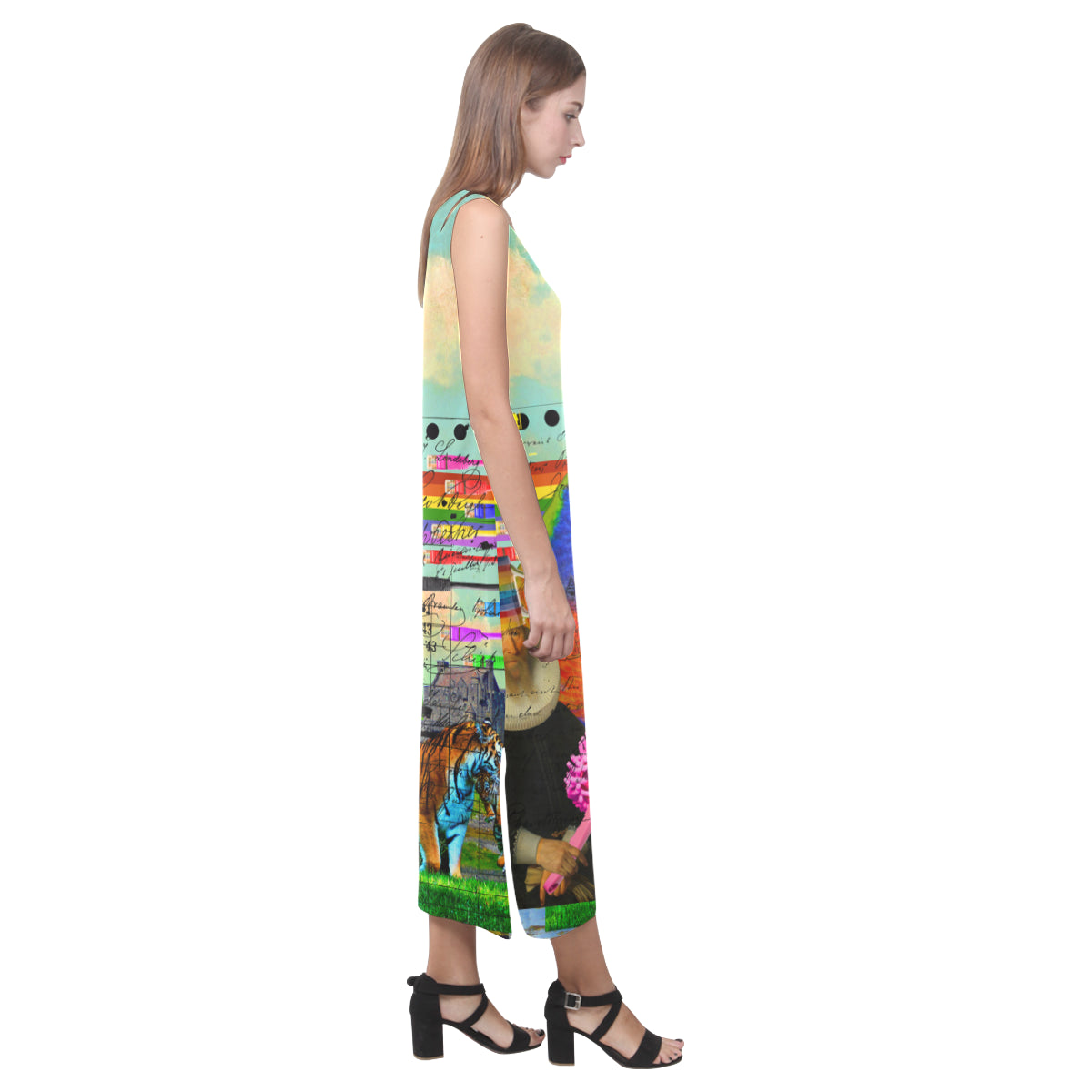 A vibrant sleeveless dress featuring colorful parrot designs, made from soft polyester and spandex blend, perfect for summer wear.