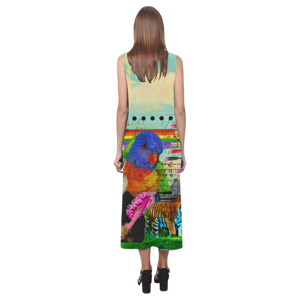 A vibrant sleeveless dress featuring colorful parrot designs, made from soft polyester and spandex blend, perfect for summer wear.