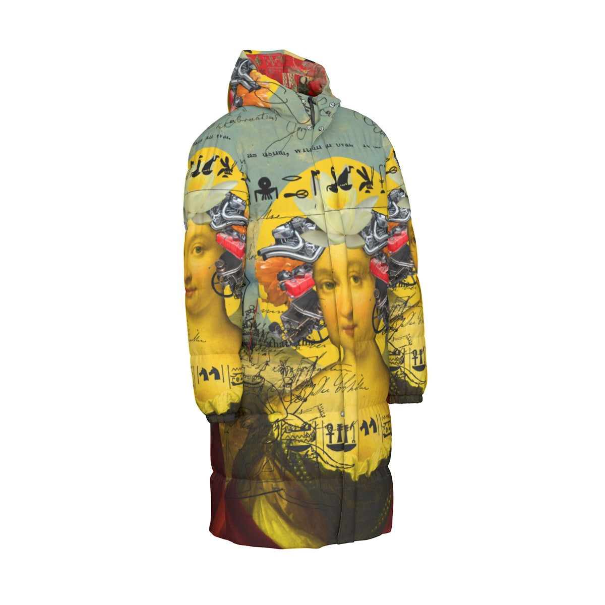 A vibrant all-over print unisex long puffer jacket featuring a stylish design, double zipper, and side pockets for warmth and functionality.