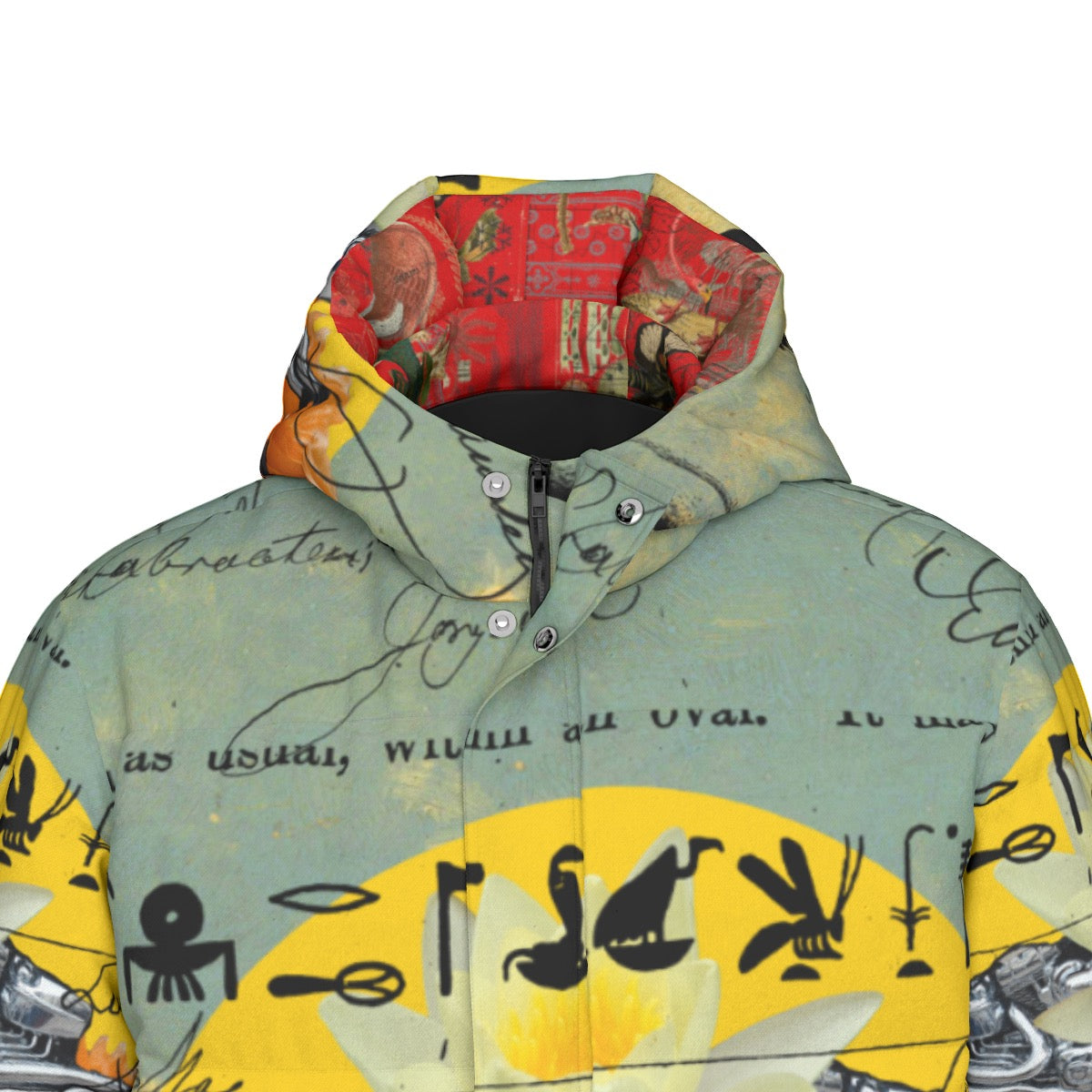 A vibrant all-over print unisex long puffer jacket featuring a stylish design, double zipper, and side pockets for warmth and functionality.