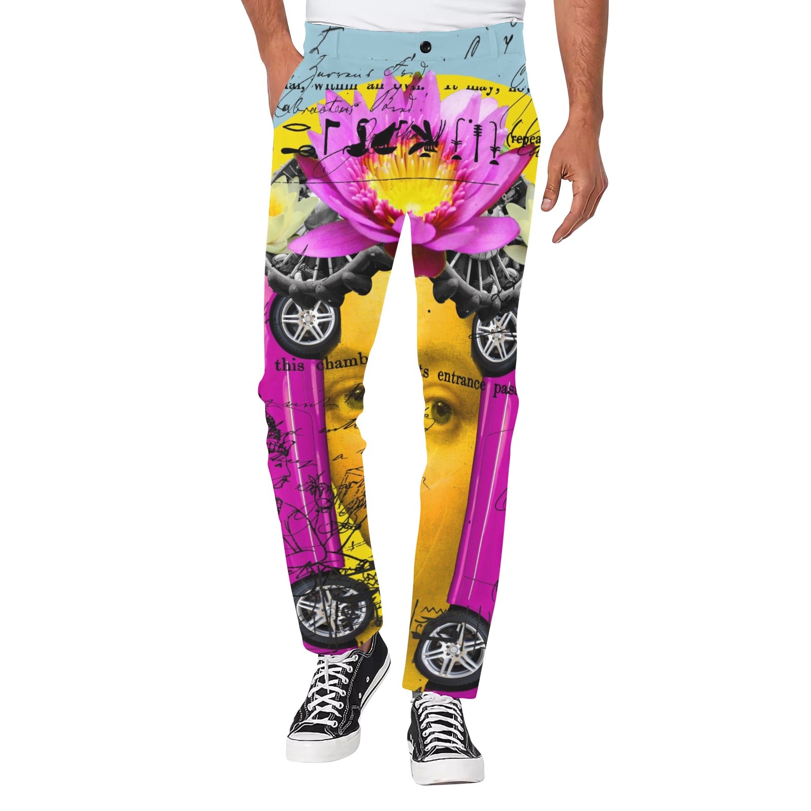 Men's all over print casual pants featuring vibrant collage design, perfect for street fashion.