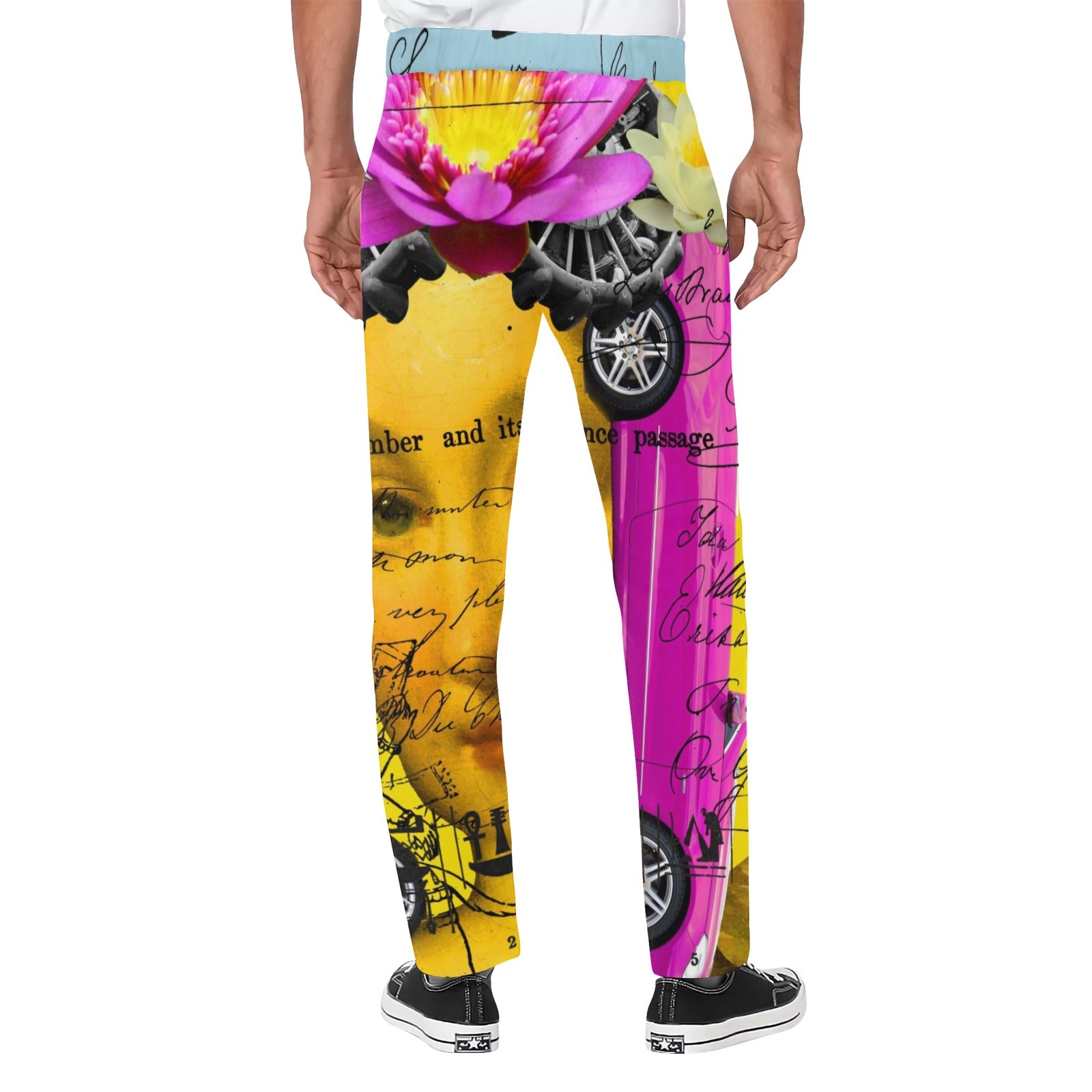 Men's all over print casual pants featuring vibrant collage design, perfect for street fashion.