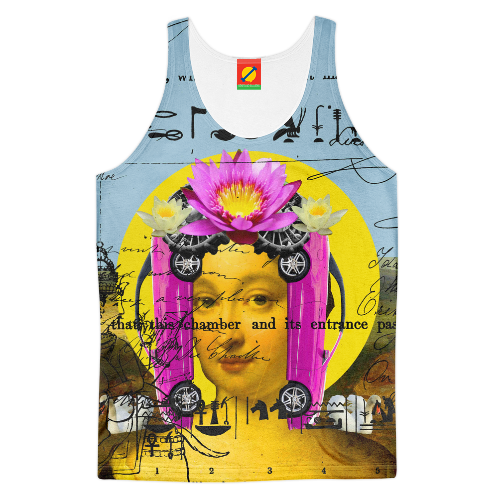 Men's tank top featuring vibrant all-over print design, perfect for summer wear.