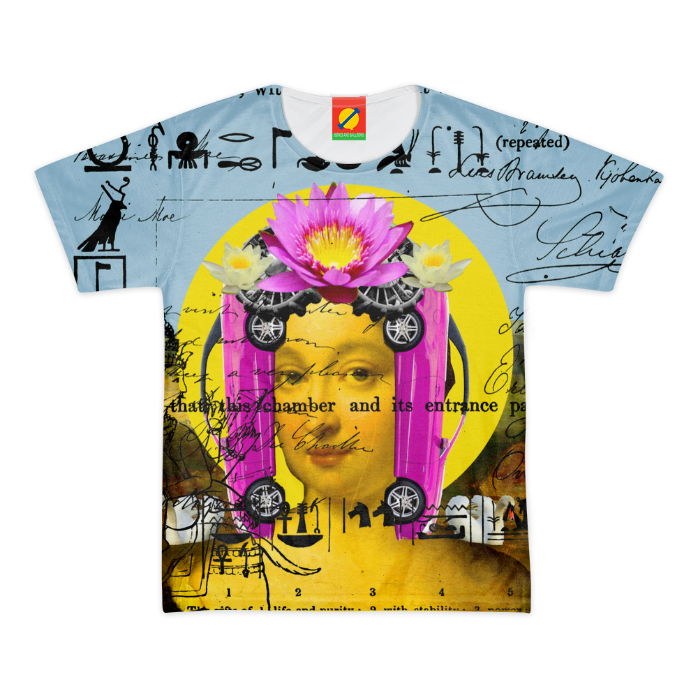 Men's all over print tee featuring vibrant colors and a classic round neck design, made from 100% cotton.