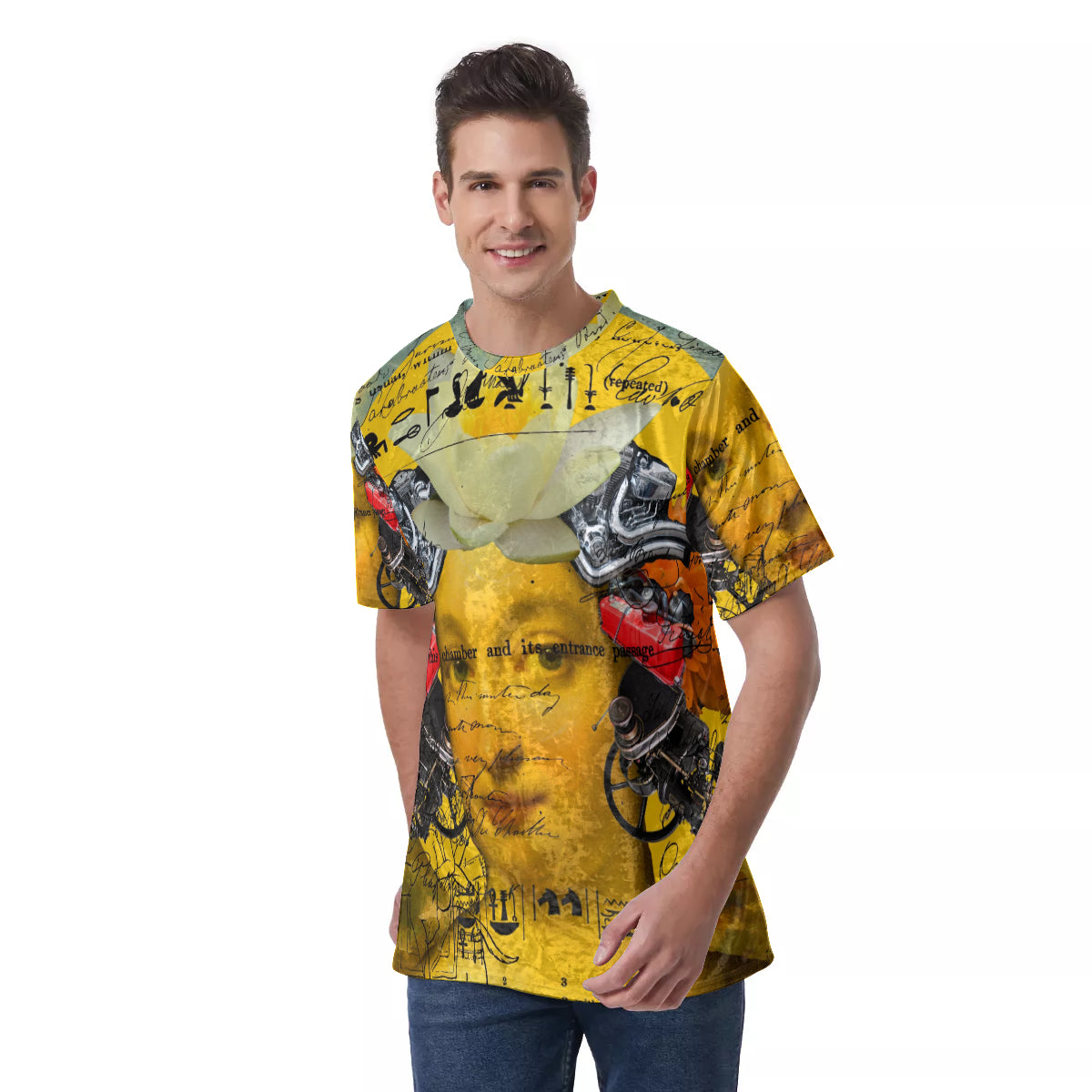 Men's Velvet All Over Print Tee featuring a unique Cubist design with vibrant colors and smooth fabric texture.
