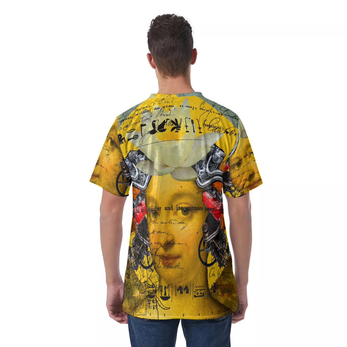 Men's Velvet All Over Print Tee featuring a unique Cubist design with vibrant colors and smooth fabric texture.