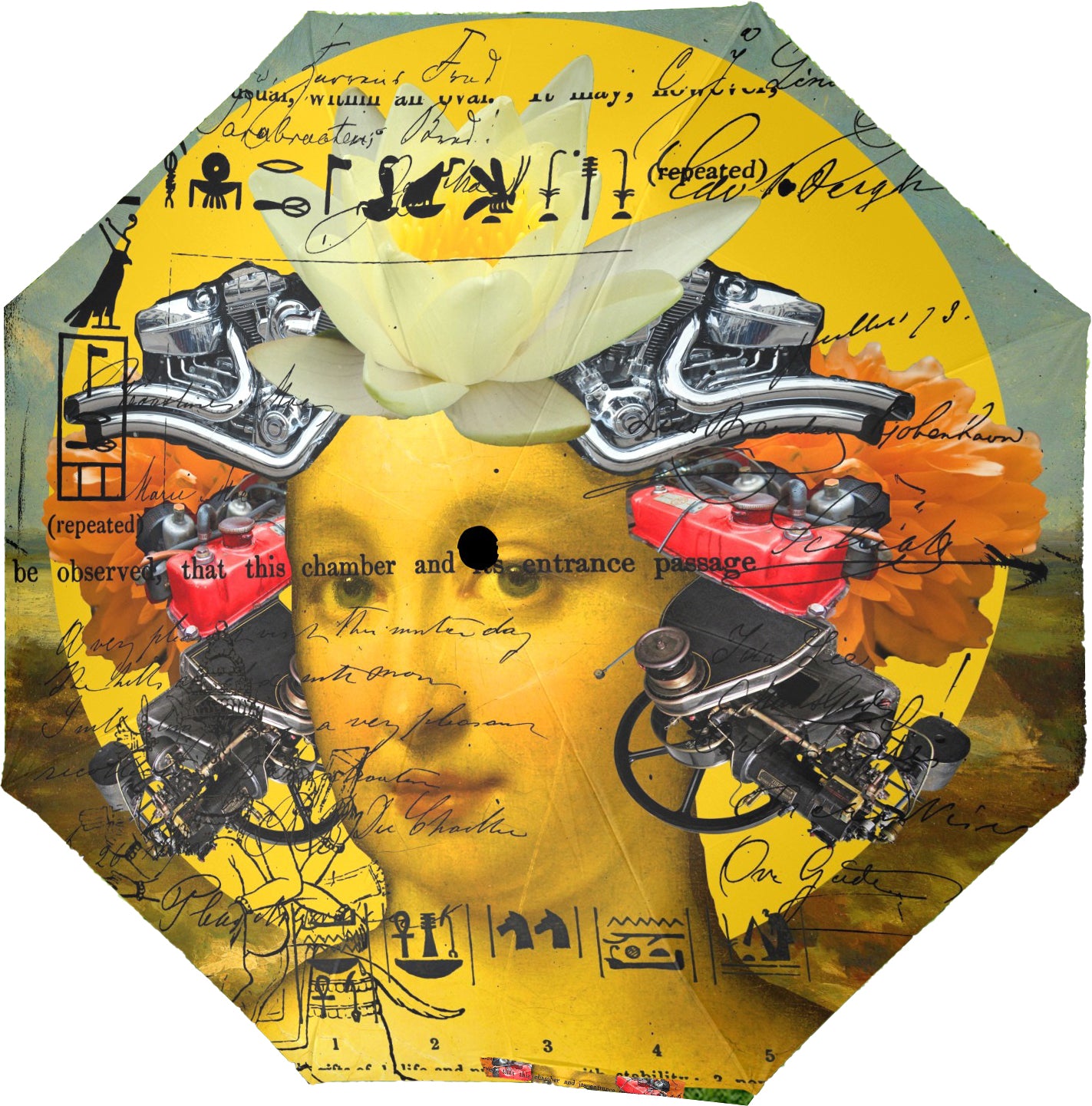 The Boring Headdress II II II Alt. Face umbrella showcasing vibrant collage designs, semi-automatic foldable feature, and a comfortable foam handle.