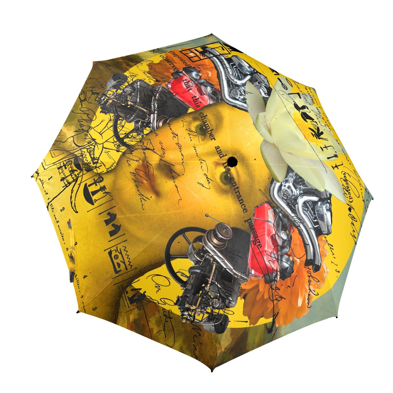 The Boring Headdress II II II Alt. Face umbrella showcasing vibrant collage designs, semi-automatic foldable feature, and a comfortable foam handle.