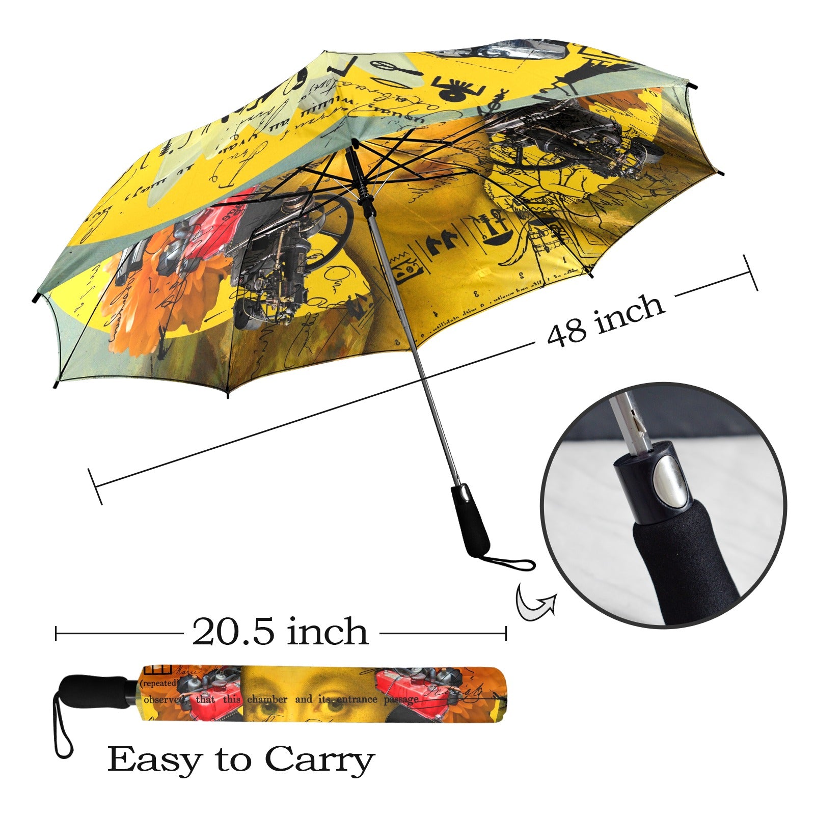The Boring Headdress II II II Alt. Face umbrella showcasing vibrant collage designs, semi-automatic foldable feature, and a comfortable foam handle.