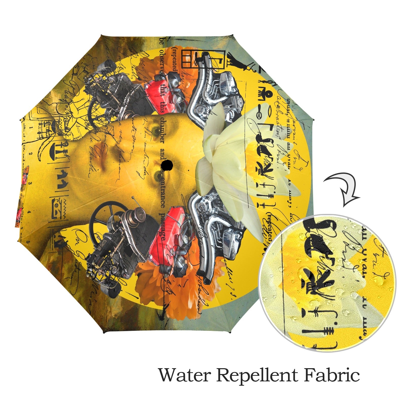 The Boring Headdress II II II Alt. Face umbrella showcasing vibrant collage designs, semi-automatic foldable feature, and a comfortable foam handle.