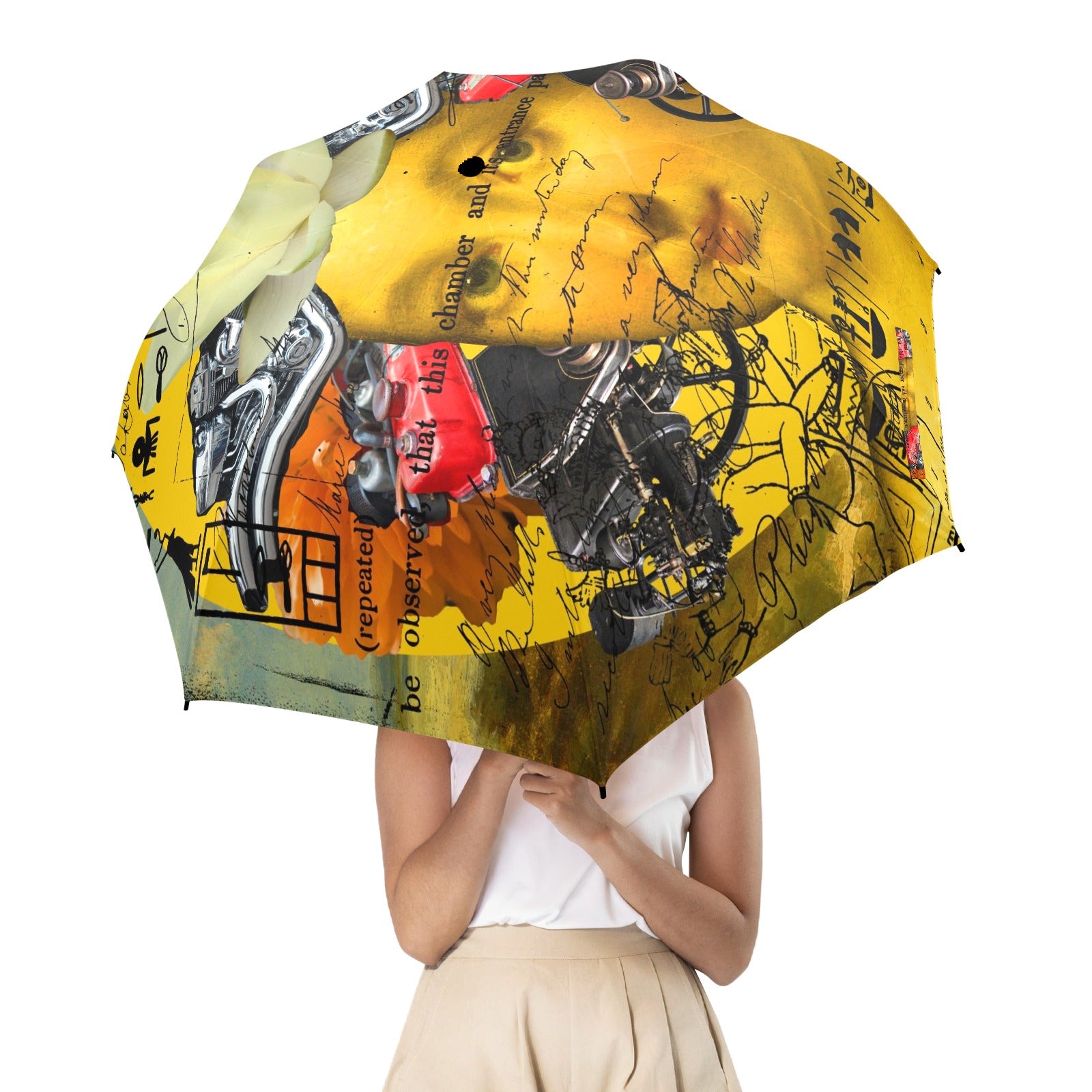 The Boring Headdress II II II Alt. Face umbrella showcasing vibrant collage designs, semi-automatic foldable feature, and a comfortable foam handle.
