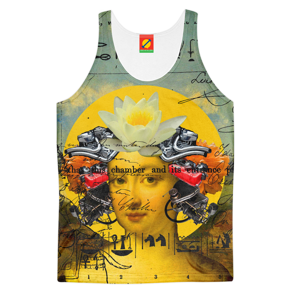Women's tank top featuring vibrant all-over sublimation print in various colors, made from soft polyester imitation cotton.