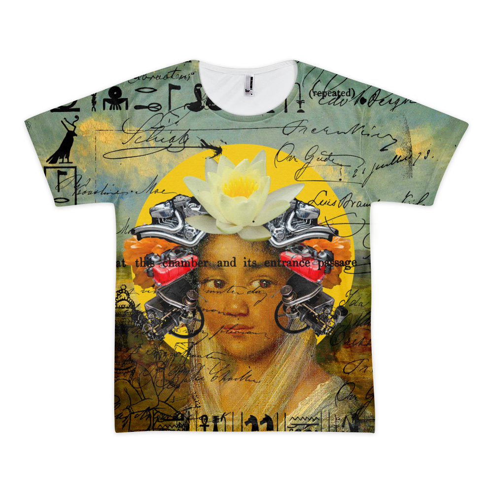 Men's all over print tee featuring vibrant colors and a classic round neck design, made from 100% cotton for comfort.