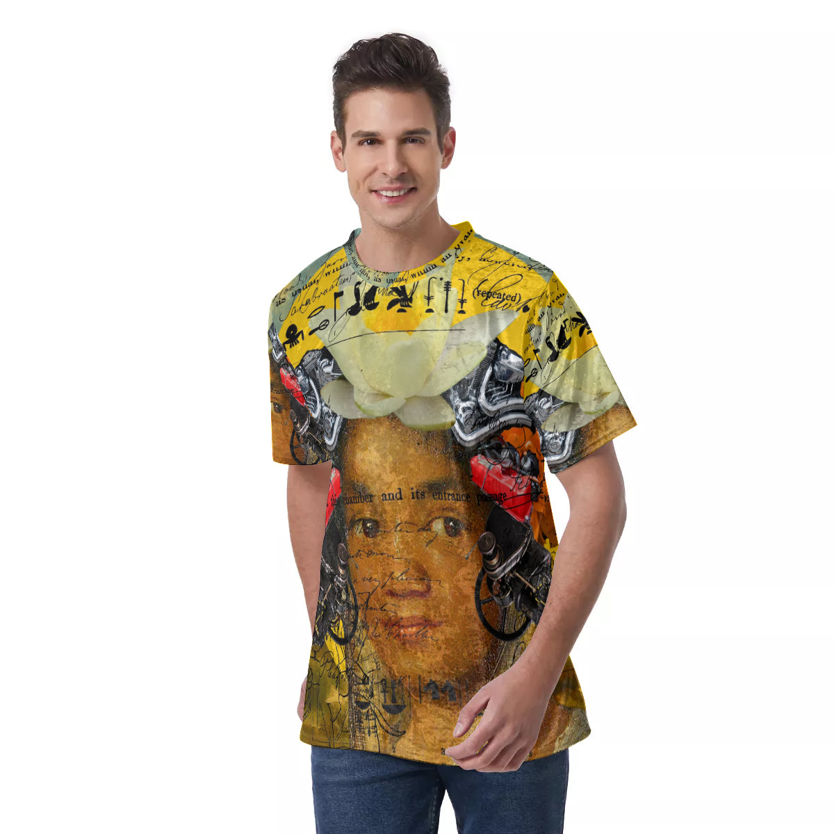 Men's Velvet All Over Print Tee featuring a Cubist design with vibrant colors and a comfortable fit.