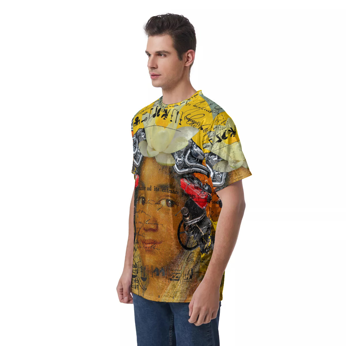 Men's Velvet All Over Print Tee featuring a Cubist design with vibrant colors and a comfortable fit.