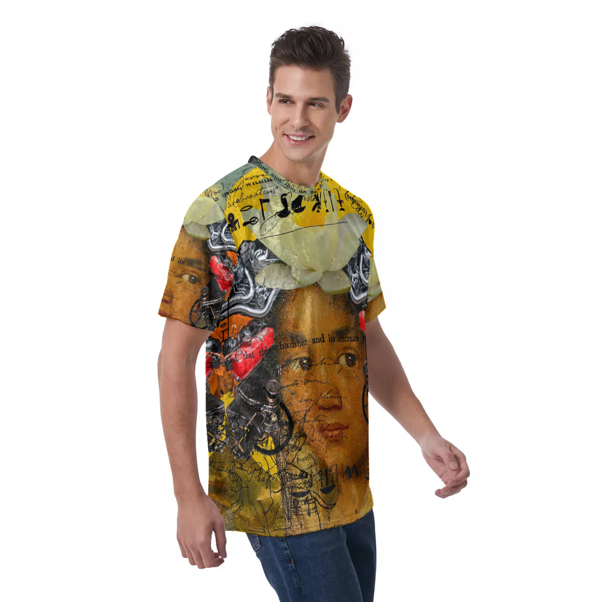 Men's Velvet All Over Print Tee featuring a Cubist design with vibrant colors and a comfortable fit.
