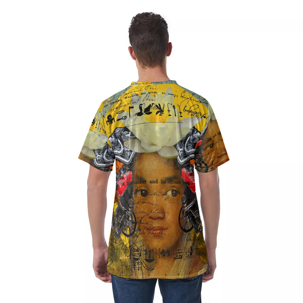 Men's Velvet All Over Print Tee featuring a Cubist design with vibrant colors and a comfortable fit.