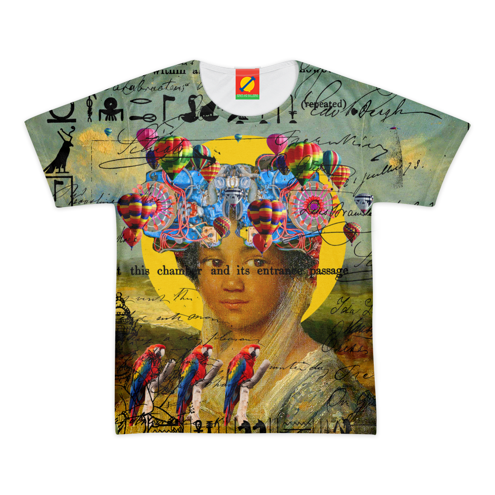 A vibrant women's all-over print tee featuring colorful designs, made from 100% cotton fabric, showcasing a classic round neck style.