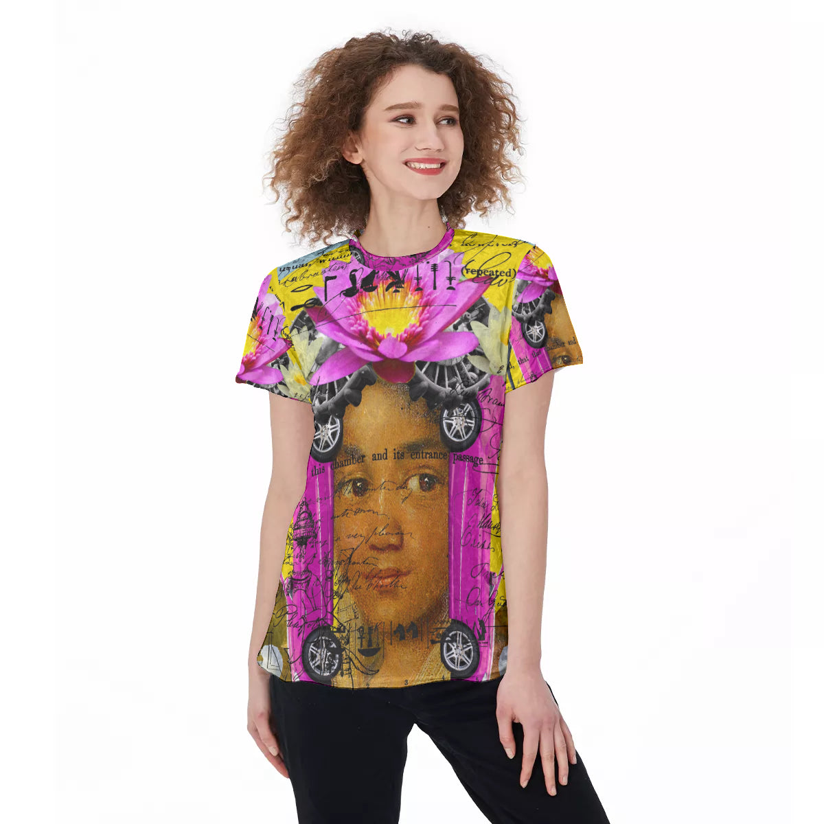 Women's Velvet All Over Print Tee featuring a Cubist design with vibrant colors and a comfortable fit.