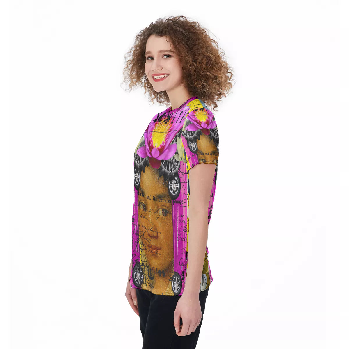 Women's Velvet All Over Print Tee featuring a Cubist design with vibrant colors and a comfortable fit.