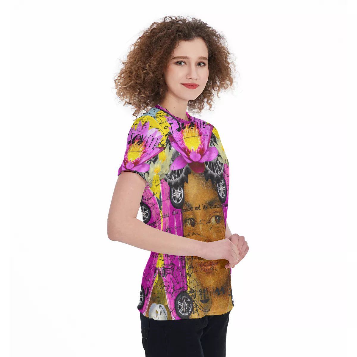 Women's Velvet All Over Print Tee featuring a Cubist design with vibrant colors and a comfortable fit.