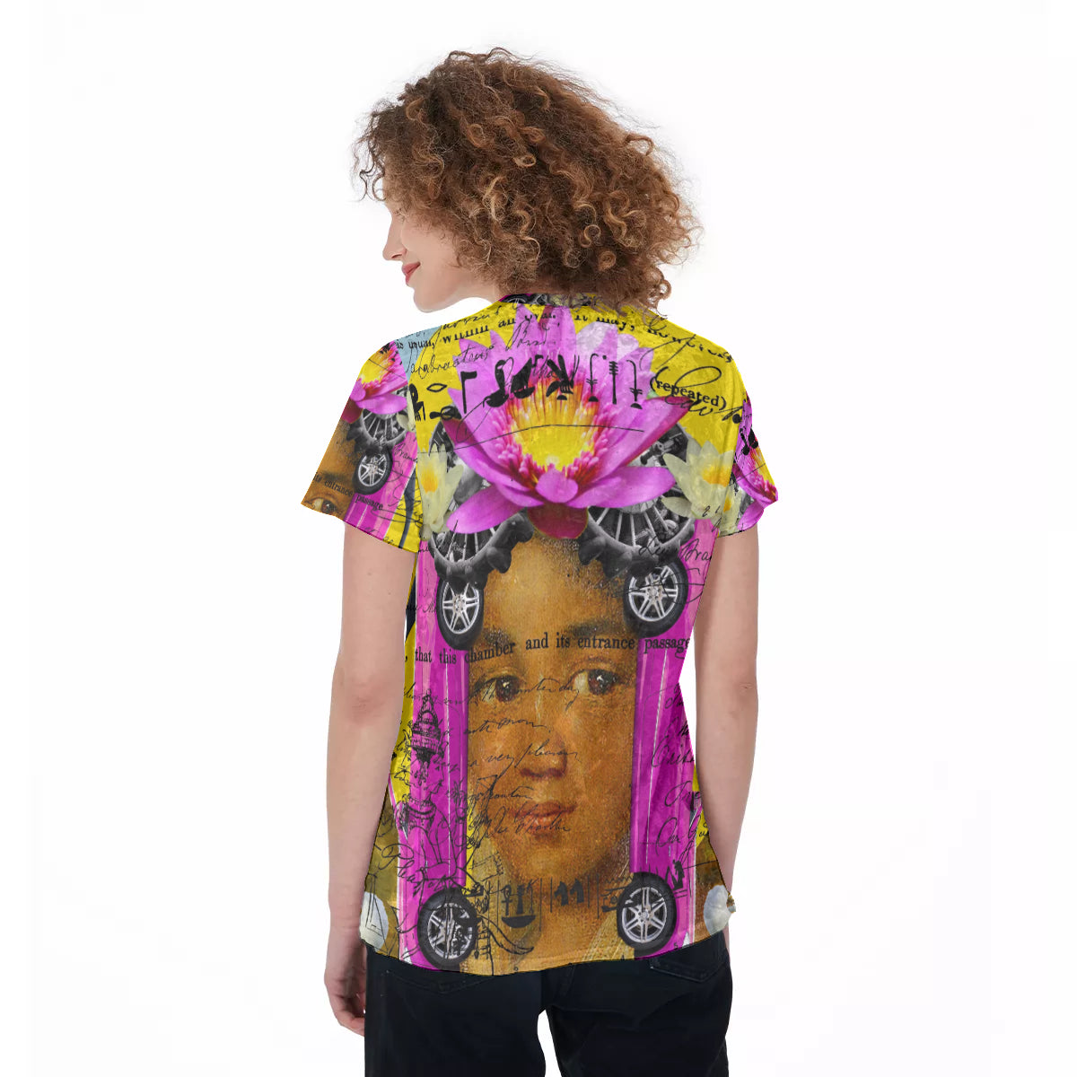 Women's Velvet All Over Print Tee featuring a Cubist design with vibrant colors and a comfortable fit.