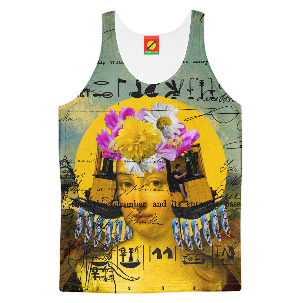 Women's tank top featuring vibrant all-over sublimation print in various colors, designed for comfort and style in warm weather.