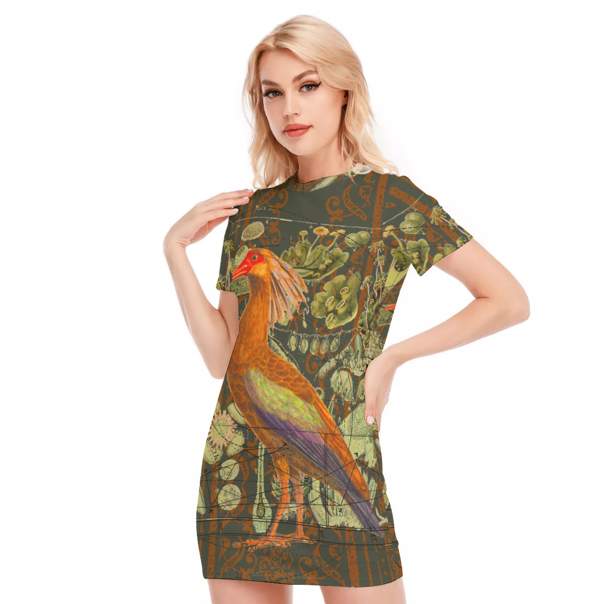 A vibrant and colorful all-over print women's short sleeve tee dress made of 100% cotton, perfect for summer wear.