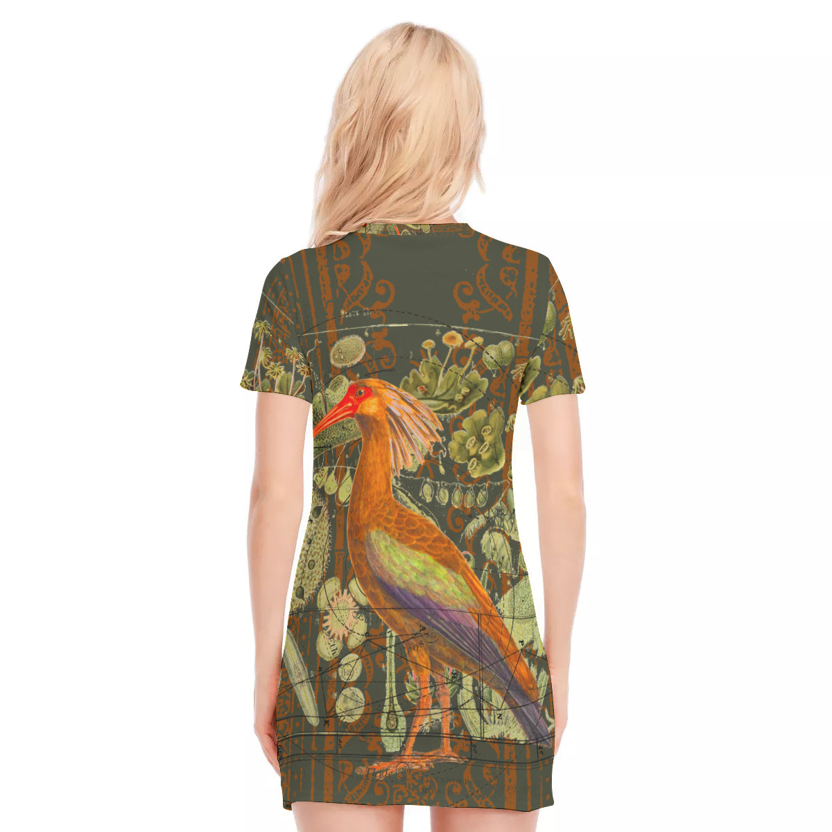 A vibrant and colorful all-over print women's short sleeve tee dress made of 100% cotton, perfect for summer wear.