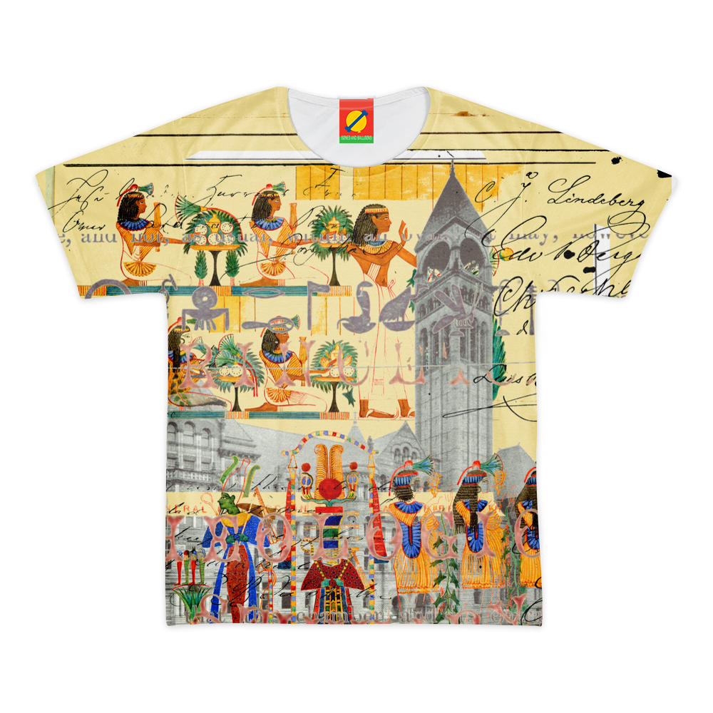 Men's all-over print t-shirt featuring colorful hieroglyphics design, made from 100% cotton for comfort.