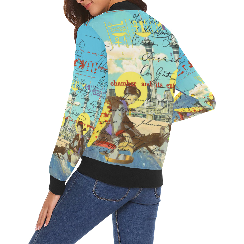 A vibrant women's bomber jacket featuring an all-over print design, showcasing a unique collage pattern, perfect for street fashion.
