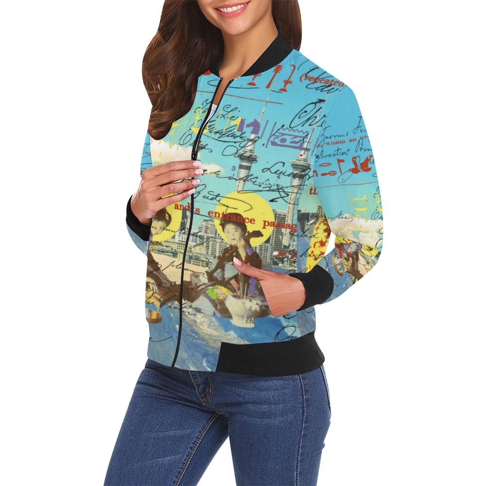 A vibrant women's bomber jacket featuring an all-over print design, showcasing a unique collage pattern, perfect for street fashion.