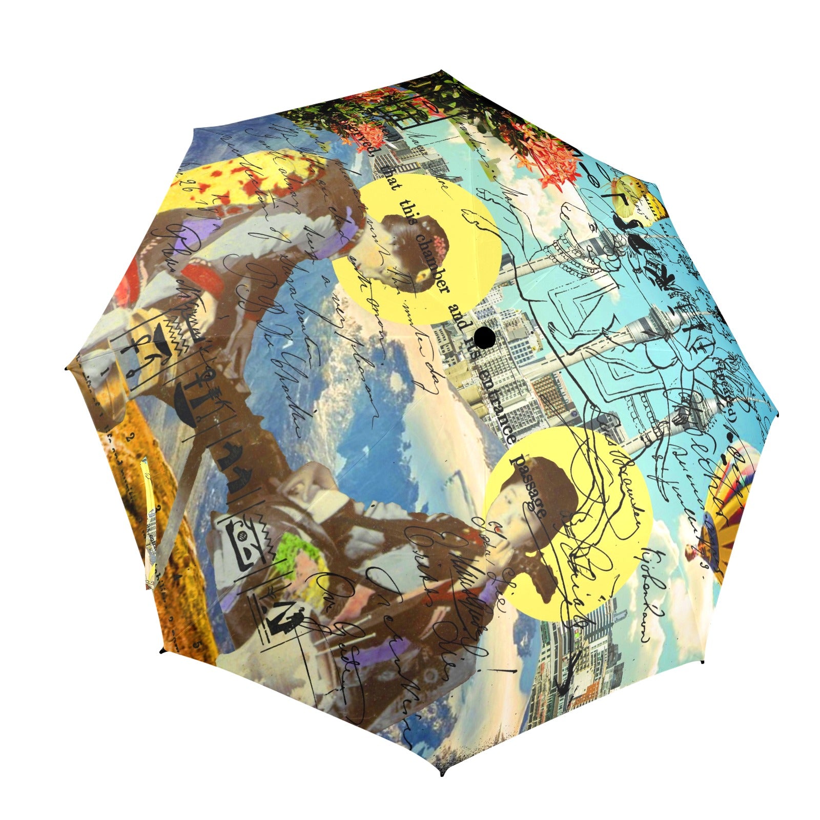 THE CONCERT II Semi-Automatic Foldable Umbrella showcasing vibrant collage designs and a comfortable foam handle.