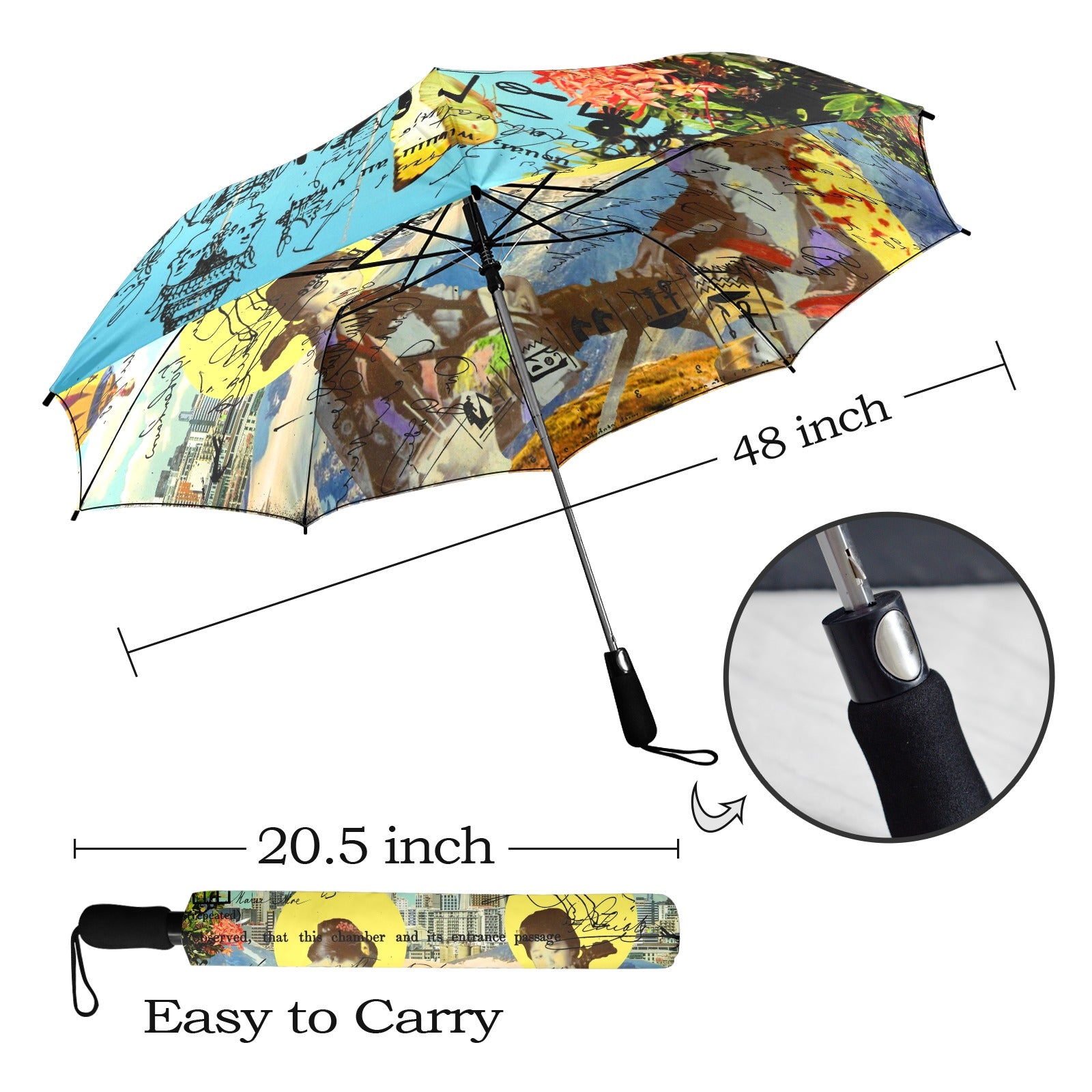 THE CONCERT II Semi-Automatic Foldable Umbrella showcasing vibrant collage designs and a comfortable foam handle.
