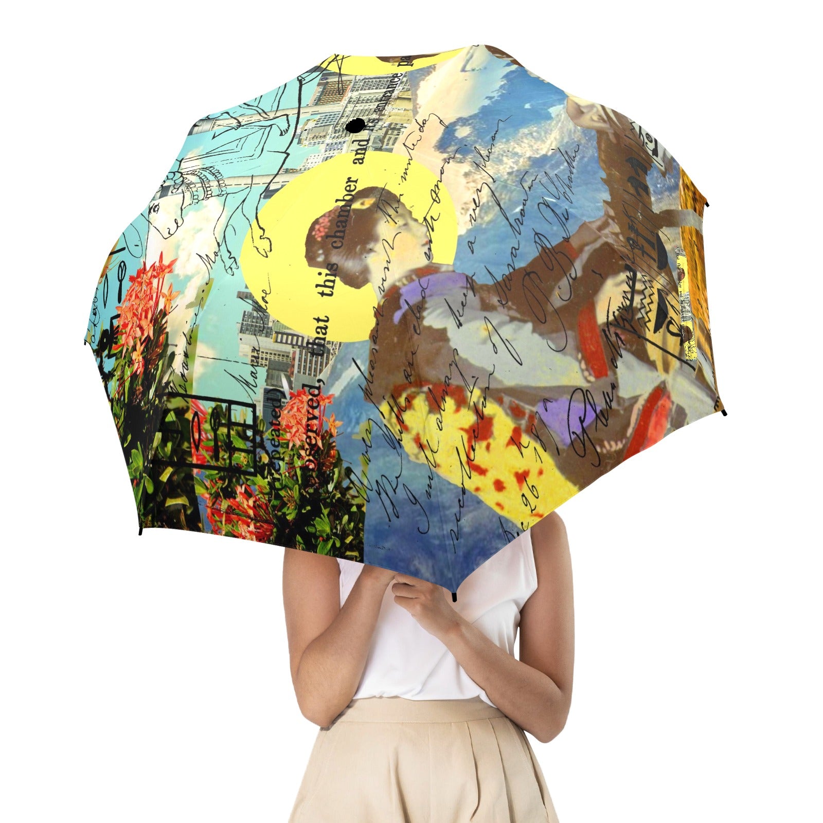 THE CONCERT II Semi-Automatic Foldable Umbrella showcasing vibrant collage designs and a comfortable foam handle.
