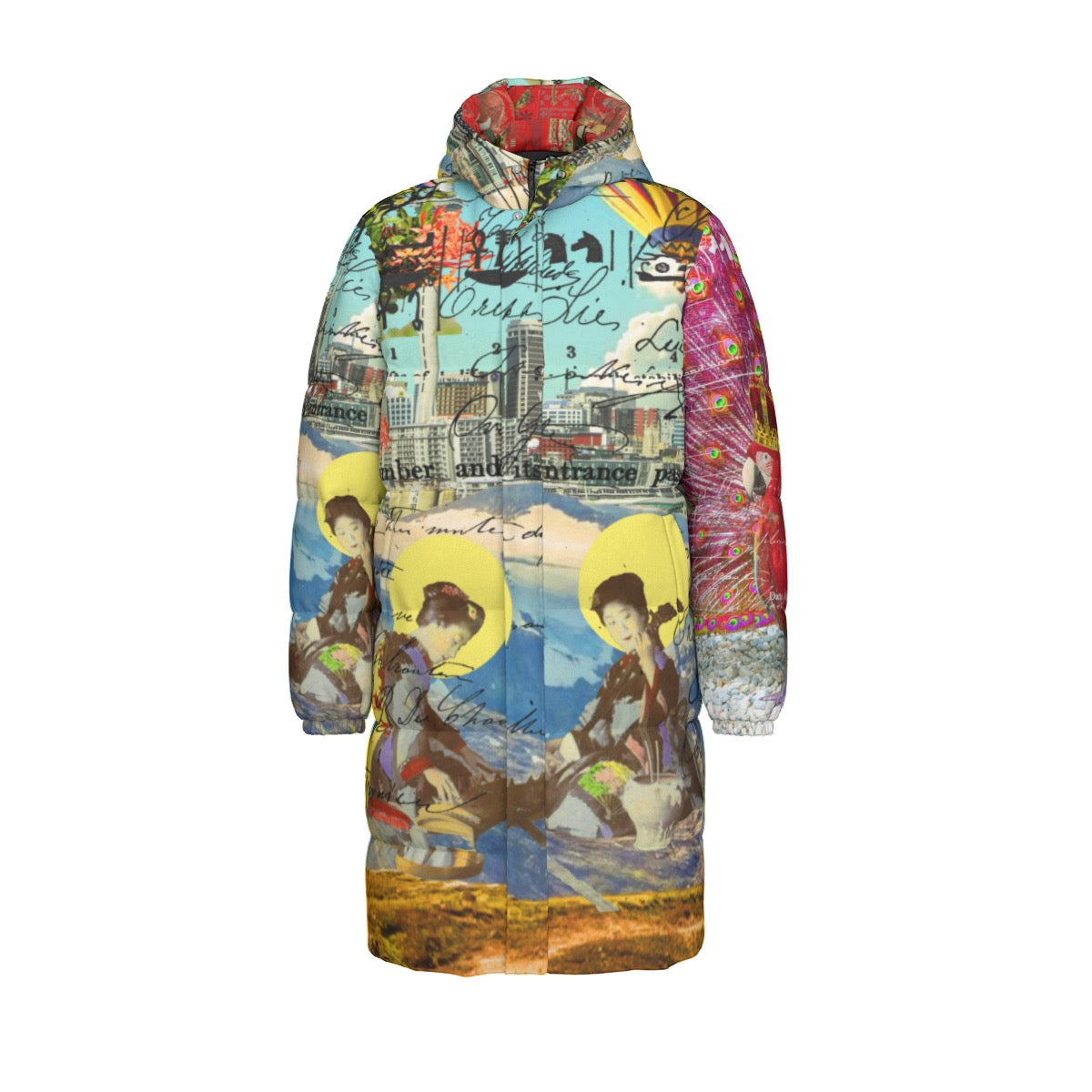 THE CONCERT II X ANIMAL MIX - THE KING II All-Over Print Unisex Long puffer jacket showcasing vibrant colors and stylish design.