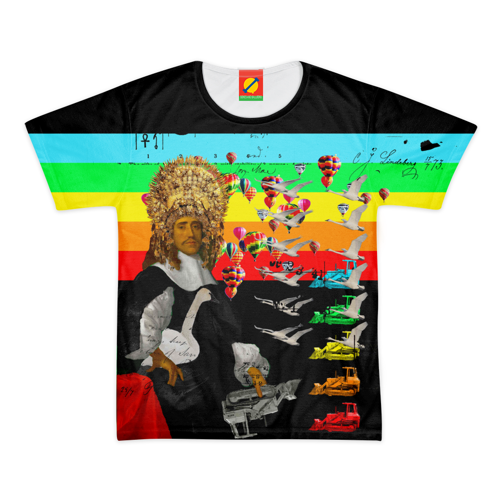 A colorful women's all-over print tee featuring a vibrant design, made from 100% cotton with a classic round neck.