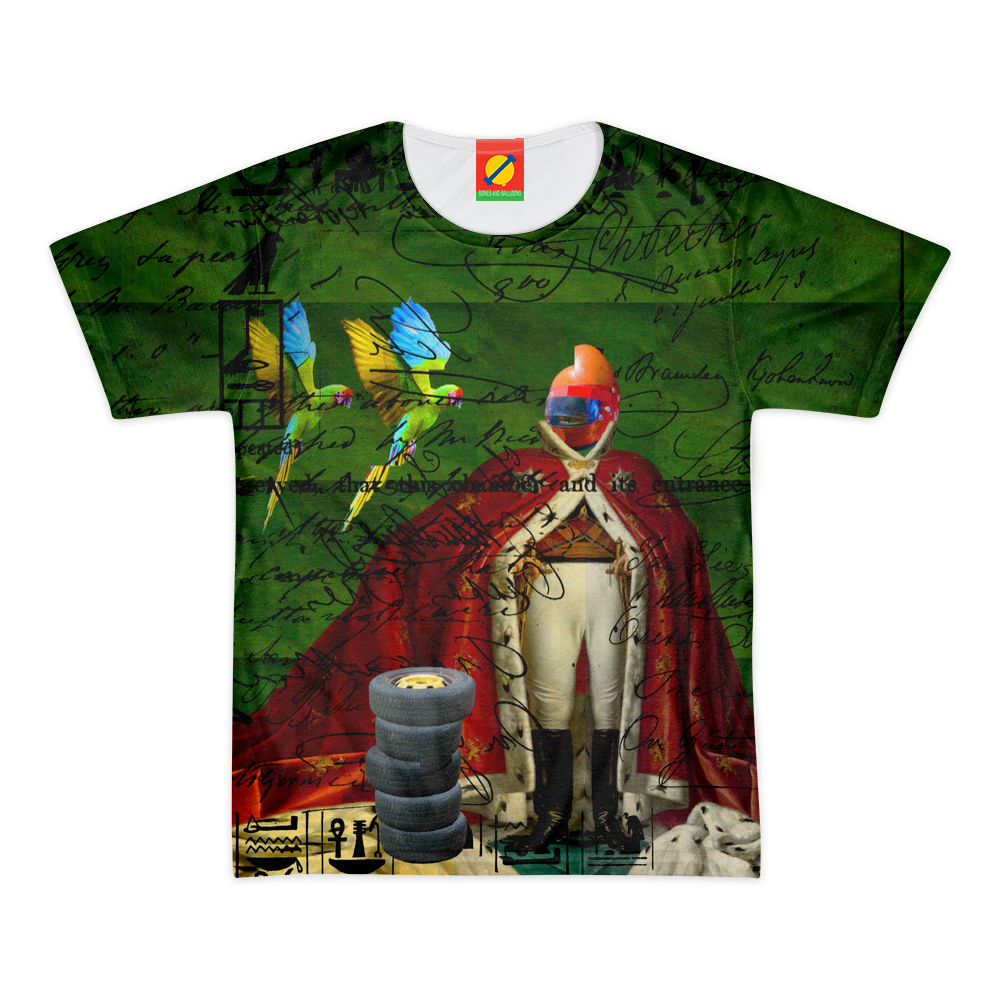 A colorful t-shirt featuring distorted parrots in vibrant hues, showcasing a unique all-over print design.